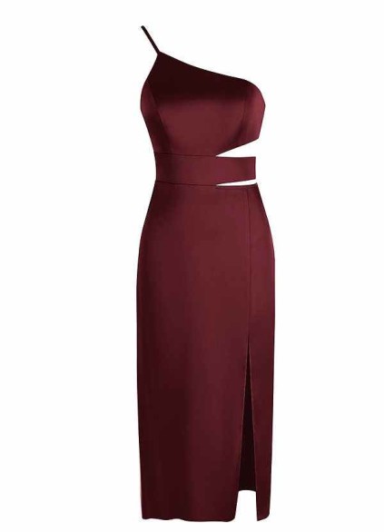 AZ Occasions One Shoulder Midi Stretch Satin Dress with Side Cutouts AZ Occasions One Shoulder Midi Stretch Satin Dress with Side Cutouts